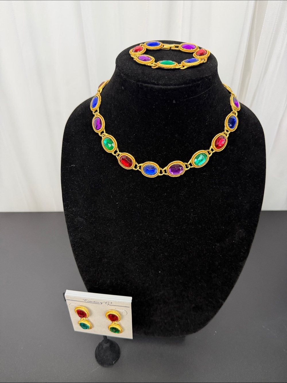 Gold-Tone Multicolor Faux Gemstone Necklace, Earrings & Bracelet Set
